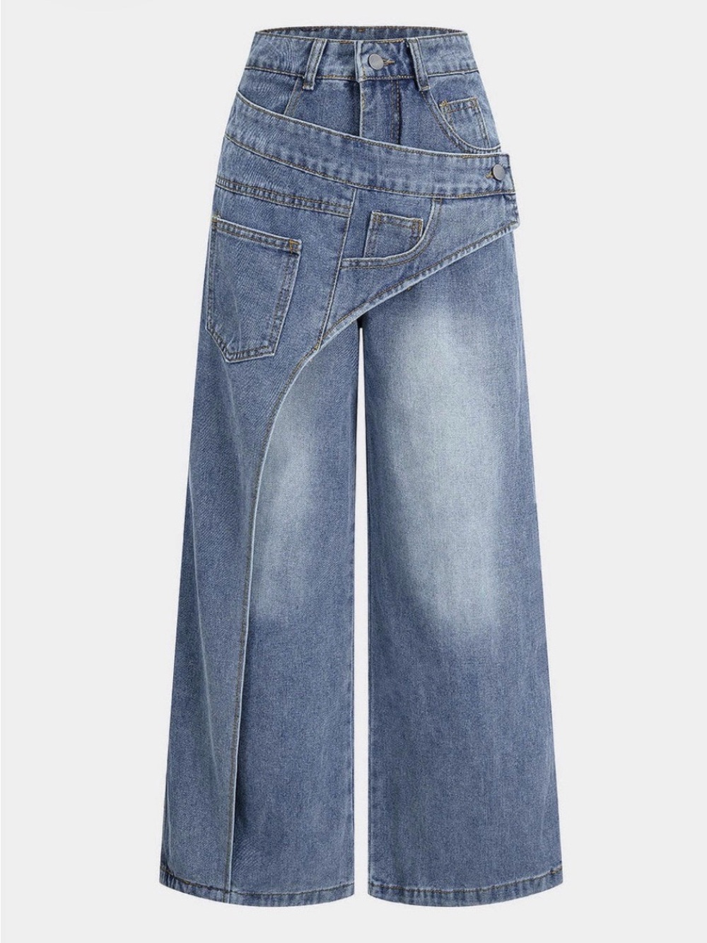 Asymmetrical Wide-Leg High-Rise Jeans in Light Blue